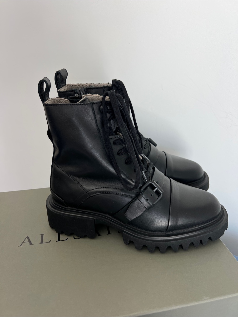 All Saints tori black leather lace up combat boot with buckle lug sole 36